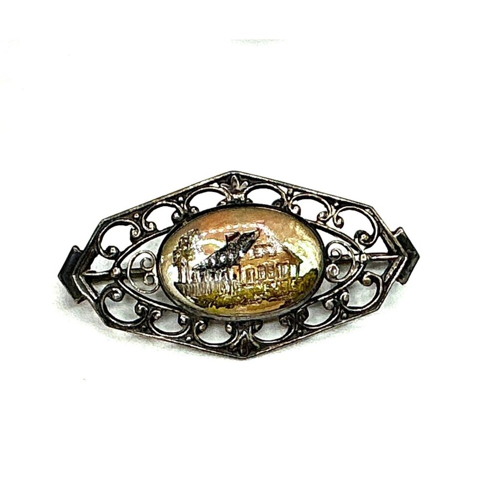 Antique Filigree Silver Tone Brooch With Hand-Painted Oval Glass Insert Depictin